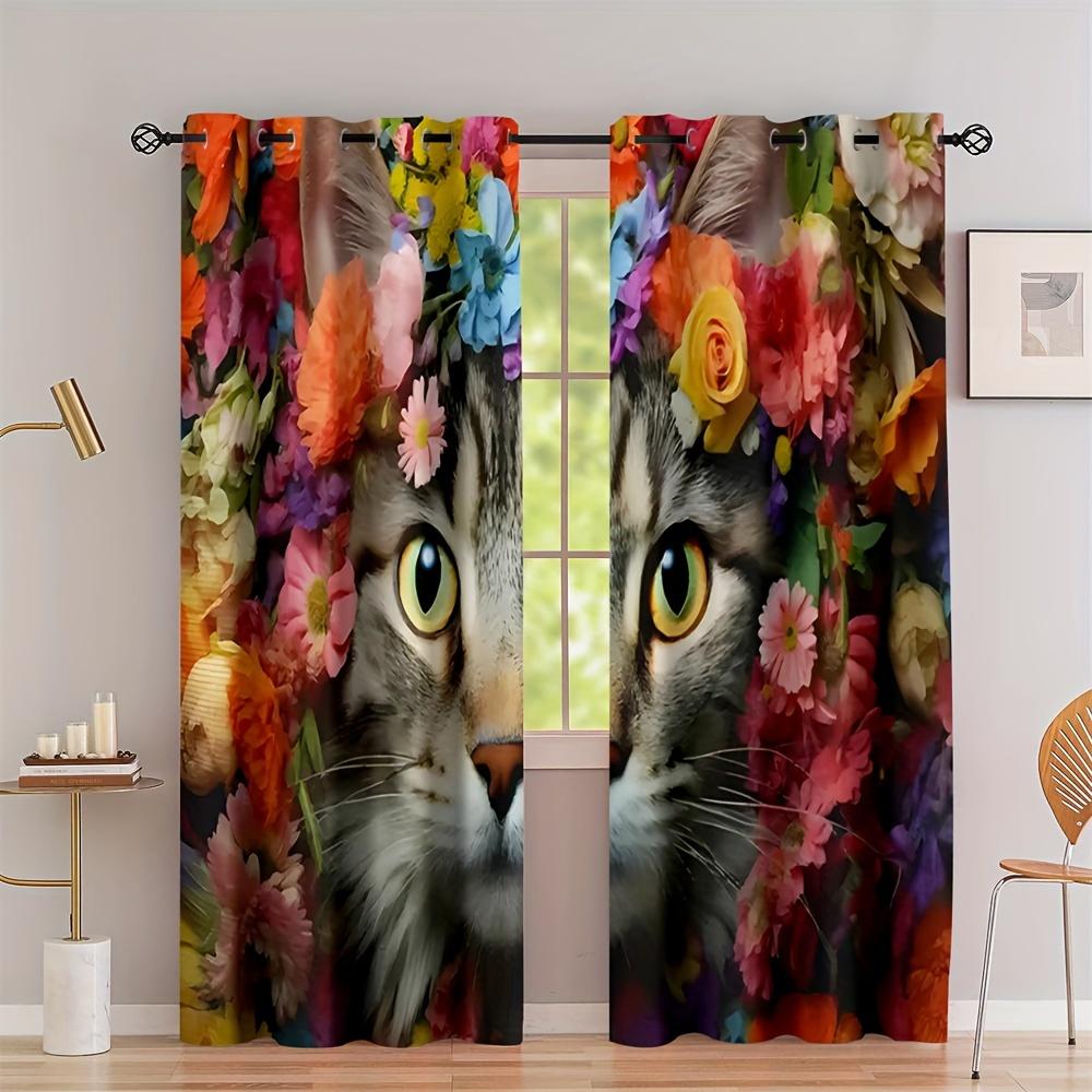 2pcs Medieval Abstract Cat Kitchen Curtains Tiers Funny Cute Animal Bohemian Leaves Modern Minimalist Art Office Cafe LivingRoom