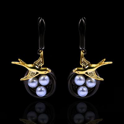 Retro Black Gold Creative Bird Sparrow Magpie Branch Pearl Dangle Drops Earrings 925   Animal Jewelry for Women
