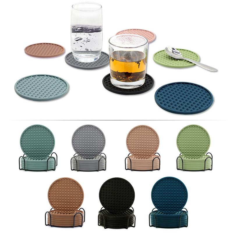 Set aus 6 Silikon-Untersetzern für Getränke, beidseitig, runde Tassenunterlage mit Halterständer, Glasgreifer-Pads mit tiefen Rillen