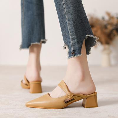 Small Pointed Head Bag Head Sandals Women's Summer Wear Thick Heel High Heel Half Drag Muller Shoes 2025 New Large Size Single Shoes Custom