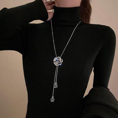 Camellia Sweater Necklace 2024: Trendy Retro Long Design for Fall/Winter, Unique High-End Luxury