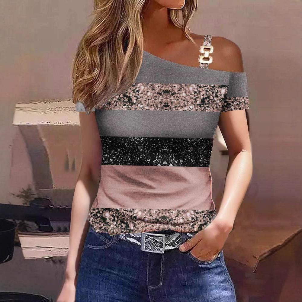 2023 Bestseller Women's Simple Short Sleeve T-Shirt with Metal Buckle Print
