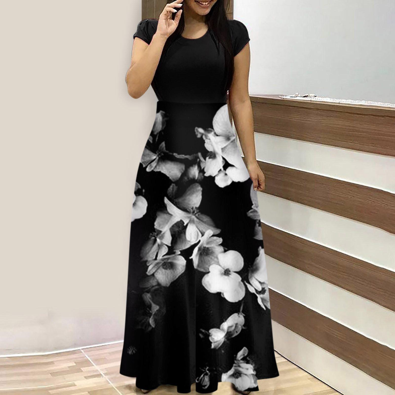 

Жіноча літня модна повсякденна довга сукня з круглим вирізом і короткими рукавами L чорний