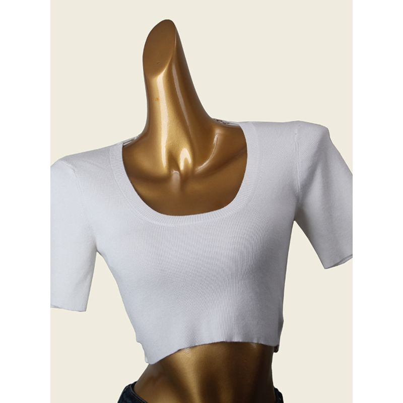 American Style Sexy Beauty Back T-shirt Summer Low round Neck Sexy Pure Color Short Sleeve Knitting Short Tops