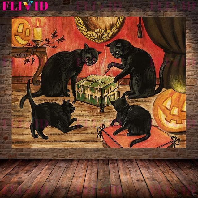 Salem's Black Cat Witch Art Poster and Prints Vintage Wall Art Magic Cat Daily Life Oil Painting