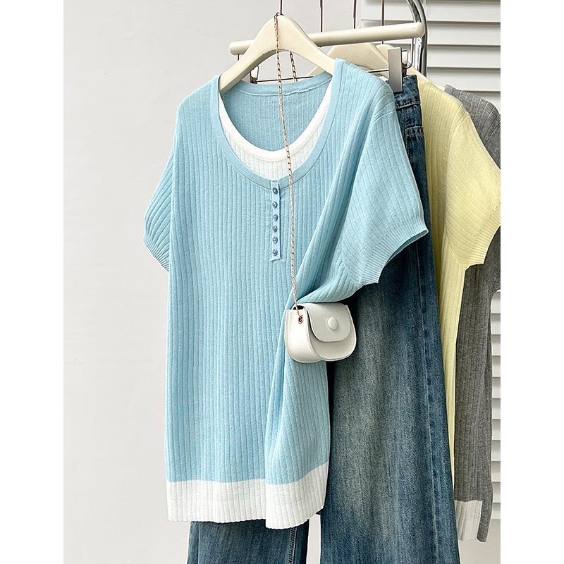 

New 2025 Plus-Size Ice Silk Knit Puff Sleeve T-Shirt for Women 2XL (135-165 jin) синий