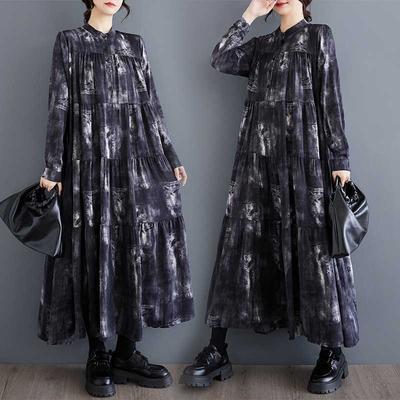 New Large Size Loose Thin Fashion Long-sleeved Printed Mid-length Dresses