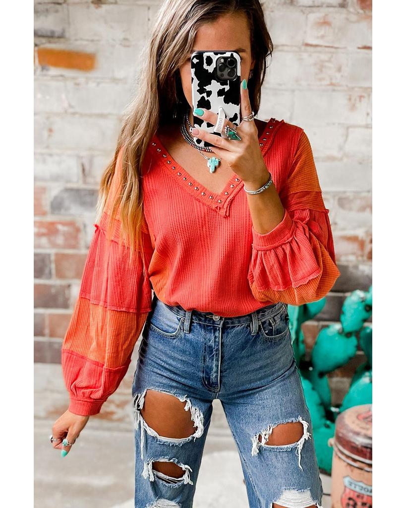 Azura Exchange Red Studded V Neckline Exposed Seam Textured Knit Top