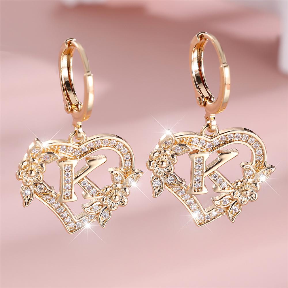 Vintage Hollow Love Heart Flower A-Z 26 Letters Hoop Earrings Yellow Gold Color White Zircon Earring Wedding Jewelry For Women