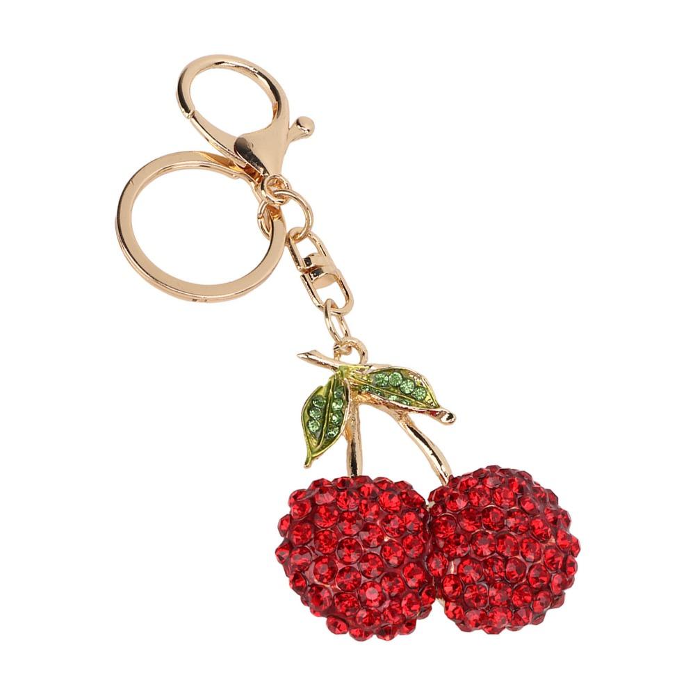 2pcs Sparkling Finish Cherry Keychain Red & Pink Key Ring Pendant Fruit Bag Charm  For Car Accessory