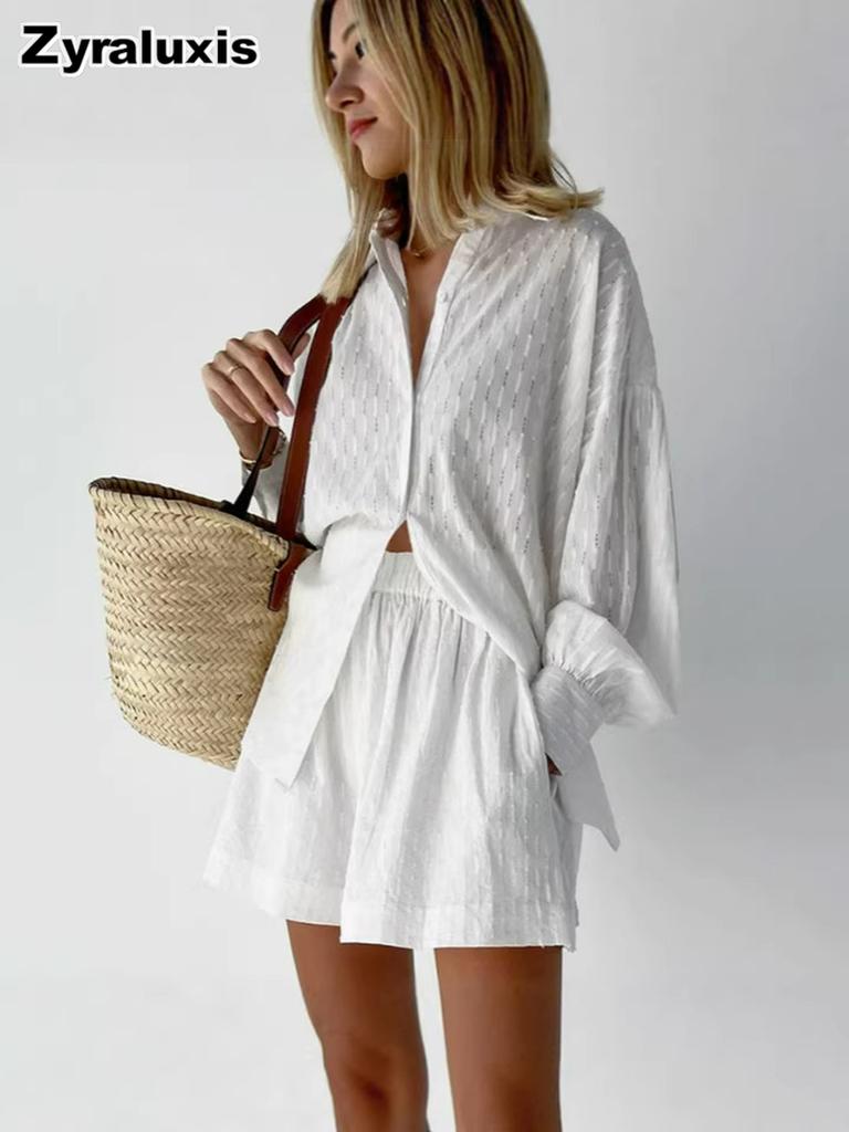 Spring/Summer Women's Lace Trim Bubble Sleeve Top Set with Shorts Casual Fashion Outfit