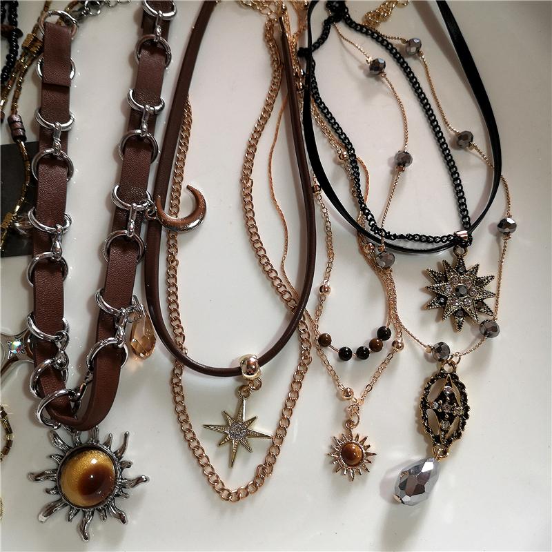Vintage Leather Brown Stone Sun Pendant Beaded Choker Clavicle Chain Necklace For Women Unique Personalized Grunge Jewelry