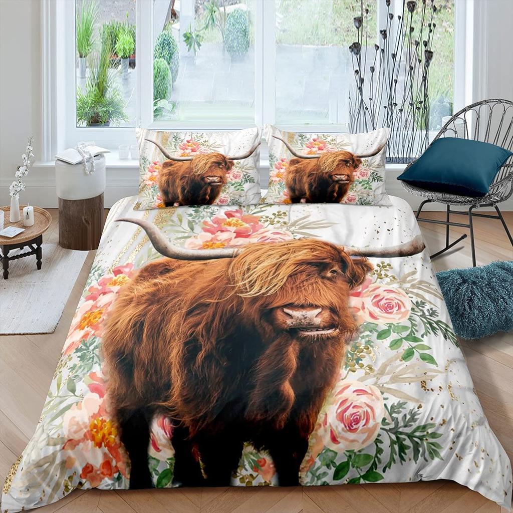 Highland Cow Duvet Cover King Sunflower Black Cattle Bedding Set Microfiber Farm Animal Cow Western Farmhouse Cattle Quilt Cover