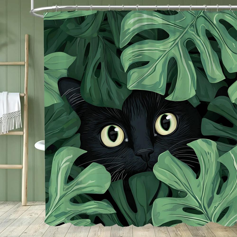 Cartoon Cat Shower Curtain, Bathroom Decorative Flowers Shower Curtains, Home Printed Polyester Fabric Curtain with Hooks