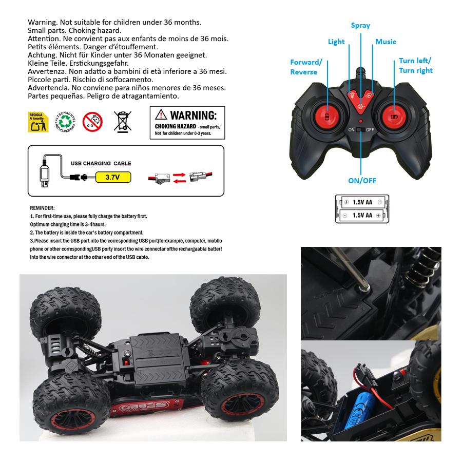 2.4g Remote Control Off-Road Alloy Car with Shock Absorbers, Climbing Fast Car with Music, Lights, and Spray, Children's Electric Rc T