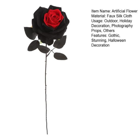 Flor de Rosa Artificial, Rosa Gótica Negra Roja de Seda Artificial con Tallo Largo para Arreglo Floral de Halloween, Centro de Mesa para Bodas en Casa