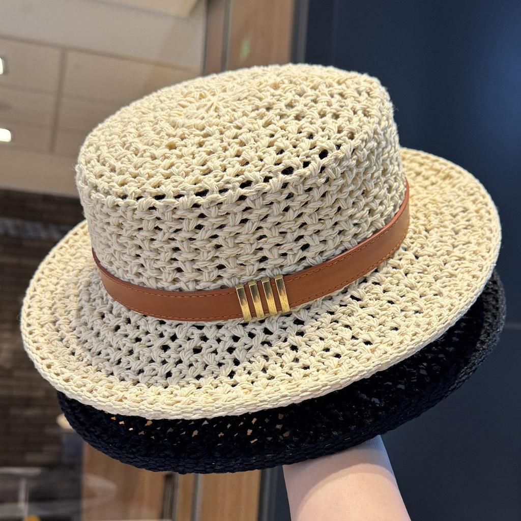 Women's Summer Straw Woven Flat Top Hat Seaside Vacation Outdoor Sun Protection Sunshade Hat