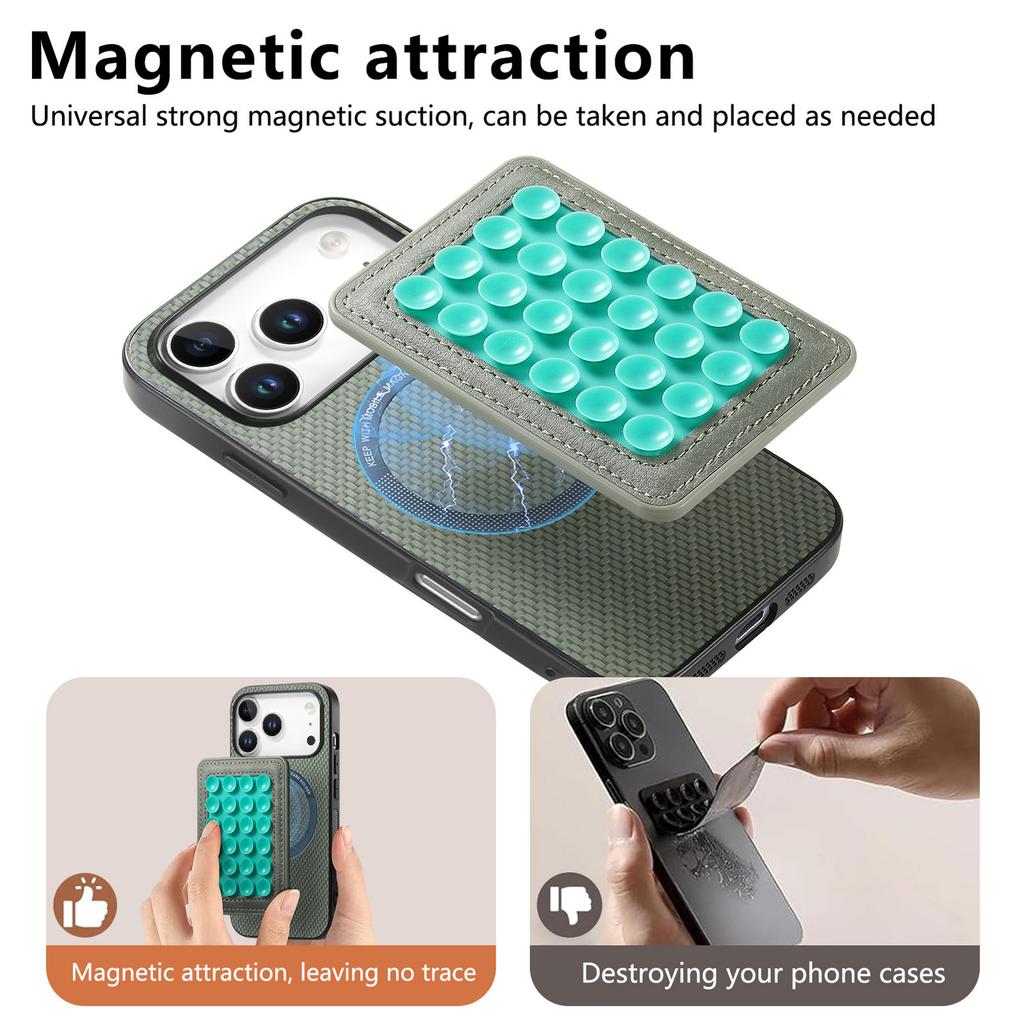 For iPhone 17 Pro Case Carbon Fiber Texture Leather Back Cover with Magnetic Detachable Suction Cup