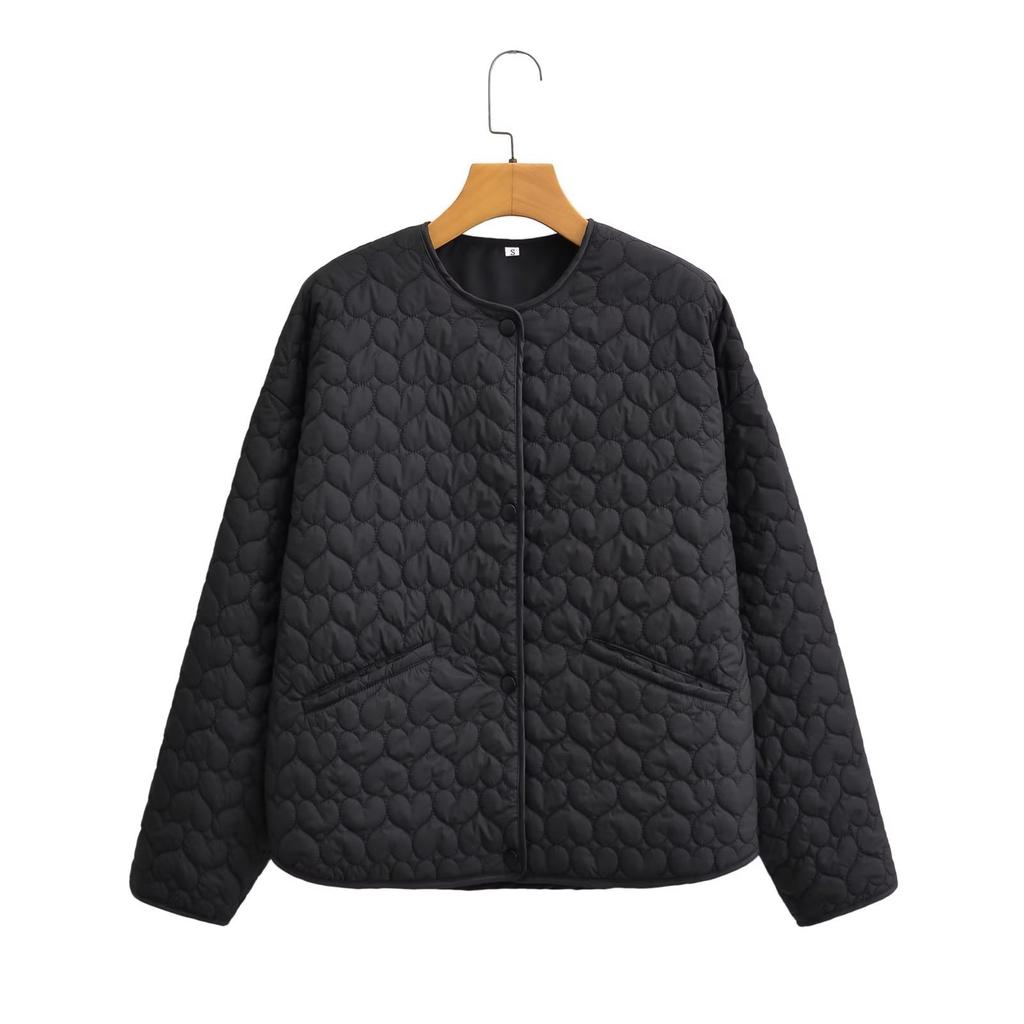 Autumn and Winter Women's Round Neck Long-sleeved Buckle Love Cotton Coat Jacket Women