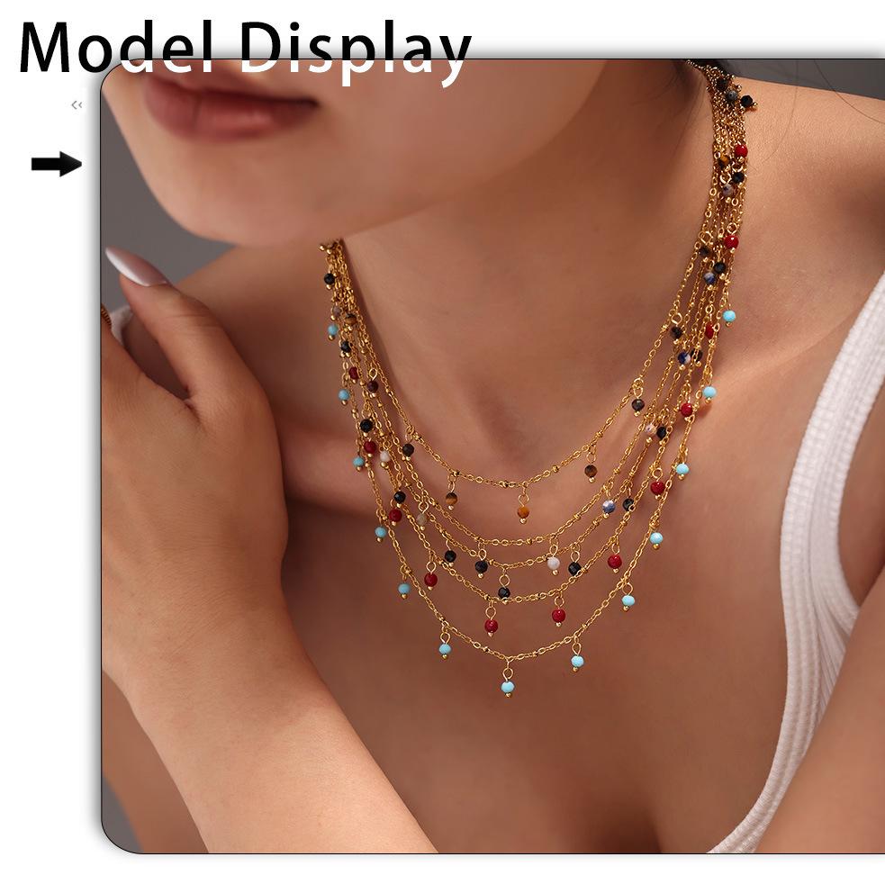 Qiong Yao Handmade Natural Stone Beads Double Layer 18K Gold Plated Choker Necklace for Women