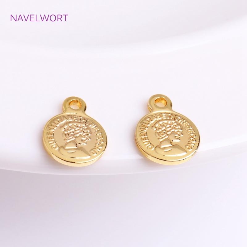 8mm 14K Gold Plated Tiny Coin Charms With Queen Avatarm,Brass Metal Round Coin Charms For Bracelet Making Accessories Wholesale