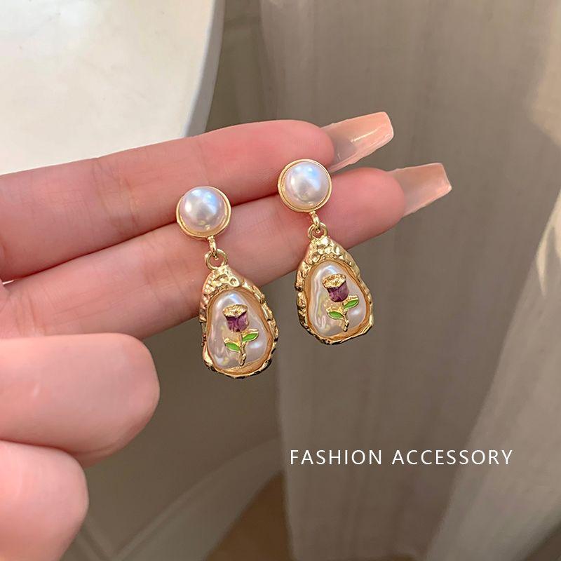 

Jardin Monet Purple Oil Painting Style Baroque Bead Earrings Retro Stud Earrings Women Accessible Luxury Fancy Unique Earrings Gold