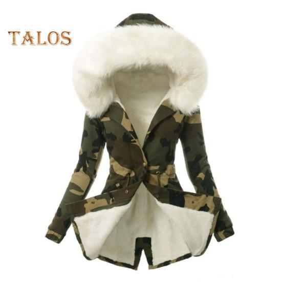 Women Winter Down Coat Faux Fur Fleece-lined Zip-up Press Button Closure Windproof Mid Length Jacket Camouflage Print Slim Fit Outerwear