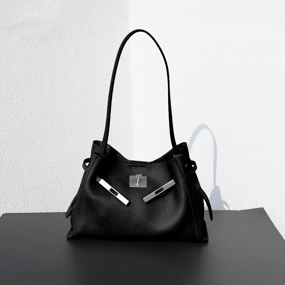 First layer cowhide lychee pattern soft leather bucket bag simple lock Kelly handbag genuine leather shoulder oblique span bag