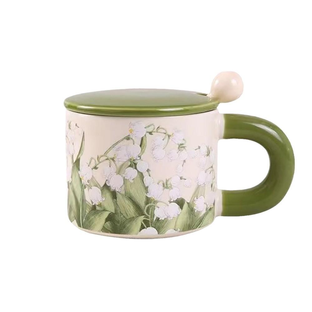 Light Luxury Flower Ceramic Cup With Lid Spoon High Value Household Drinking Cup Office Coffee Cup Teacup Mug