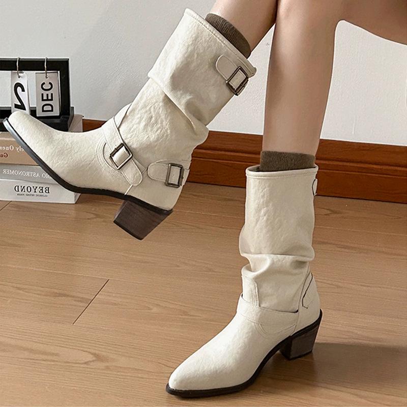 Pointed cowhide version thick heel white short boots women's 2025 new British style belt buckle Martin boots temperament medium tube pile
