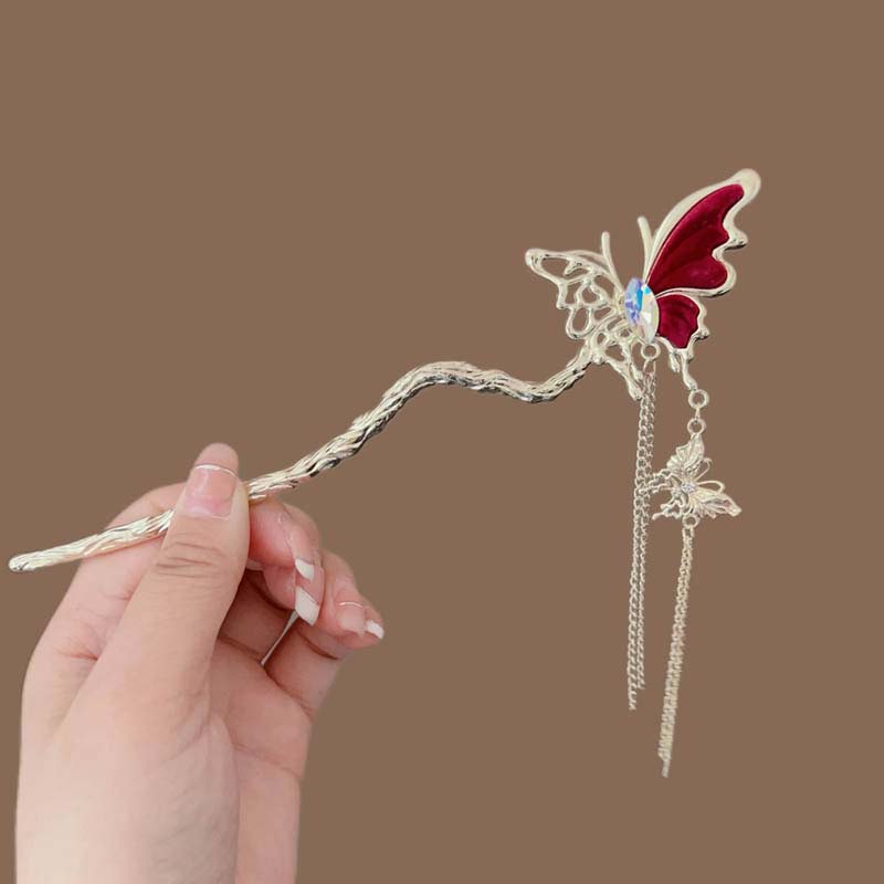 Vintage Roter Halber Schmetterling Quaste Haarstab Für Frauen Chinesischer Stil Metall Haarnadel Scheibe Haarstäbe Essstäbchen Haarschmuck