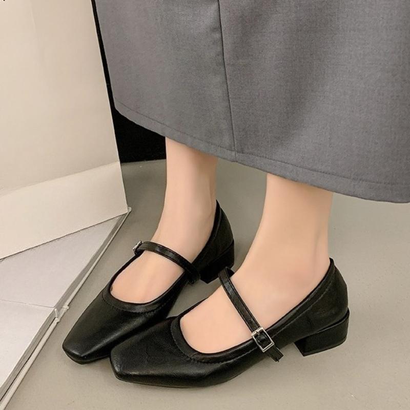 

Мода 2025 Женские туфли-лодочки Весна Осень Мэри Джейн Женские Квадратный носок Неглубокие Одинарные Туфли Кожаное Платье Вечеринка Массивный Каблук Обувь 35 чёрный