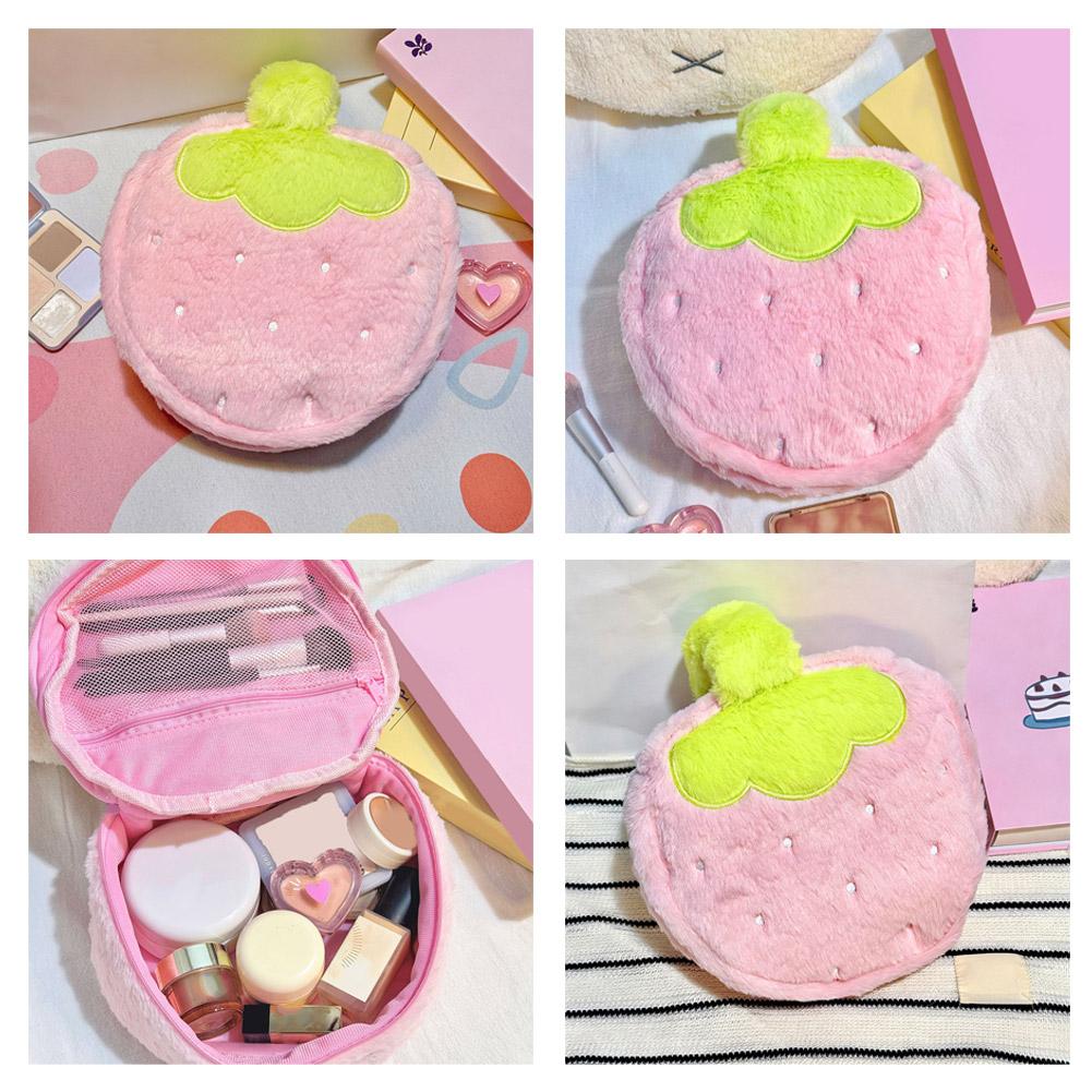 Kawaii Strawberry Plush Makeup Bag Large Capacity Travel Toiletry Organizer Cute Aesthetic Cosmetic Pouch Storage Case Women