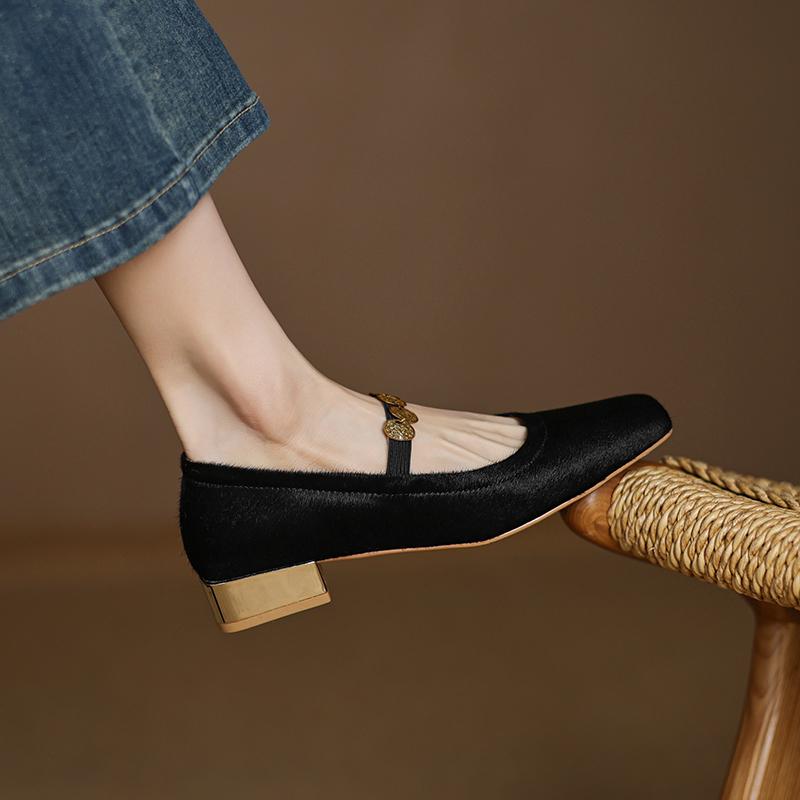 Fashion 2025 Spring Women Pumps Square Toe Low Heel Horsehair Women Shoes Leopord Shallow Button Mary Janes Ladies Shoes