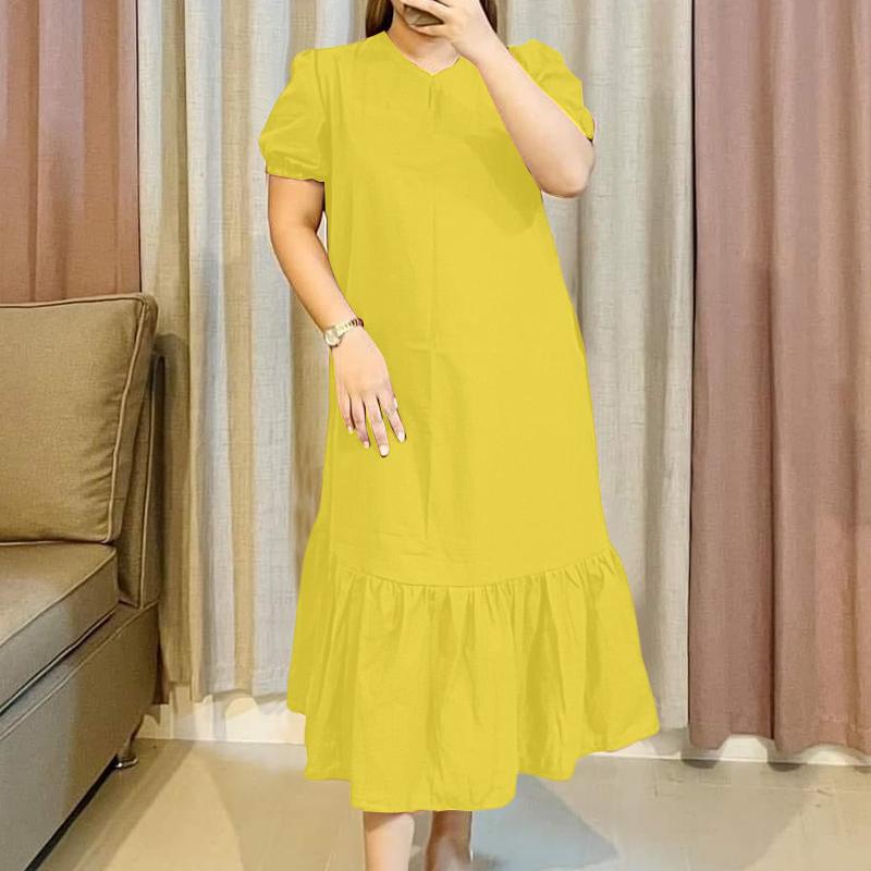 

ZANZEA Women Casual V-Neck Summer Puff Short Sleeve Loose Dress 5XL жовтий