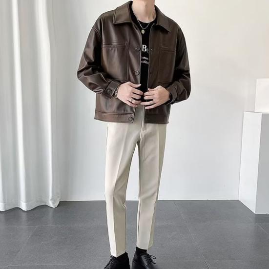 Men Jacket Lapel Long Sleeve Flap Pockets Single-Breasted Jacket Coat Solid Color Loose Fit Waterproof Warm Imitation Leather Jacket