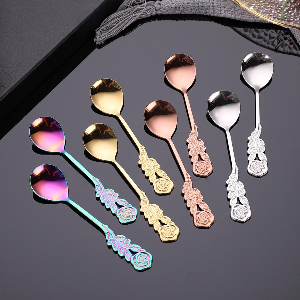 3pcs Stainless Steel Mini Dessert Spoon Rose Handle For Coffee Tea Cappuccino Ice Cream Sugar Stirring Creative Flatware Home
