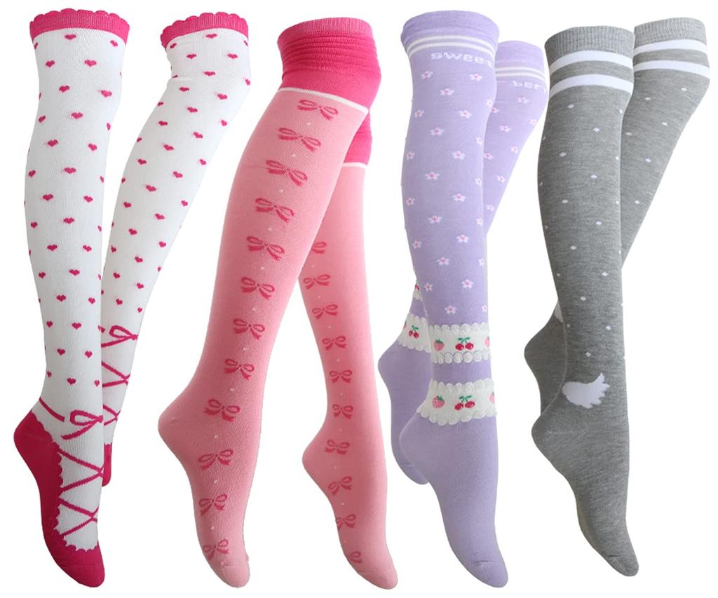 Ponožky dětské vysoké podkolenky roztomilý krásný design sada 4 párů bavlněná směs nad kolena [box408] (22,0-24,0 cm)