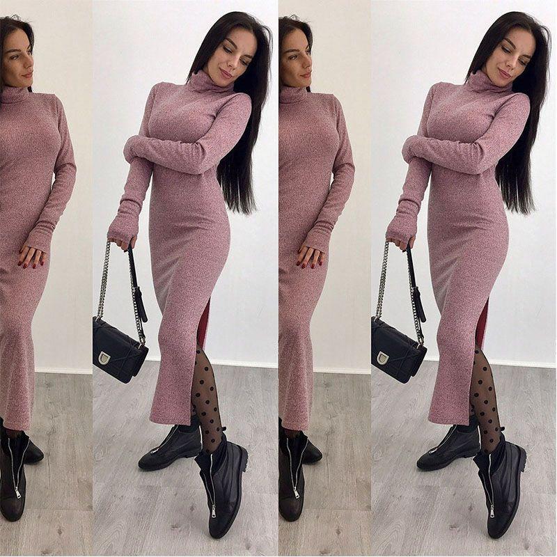 Luxurious Autumn And Winter Women's High Collar Sweater Dress In Solid Color