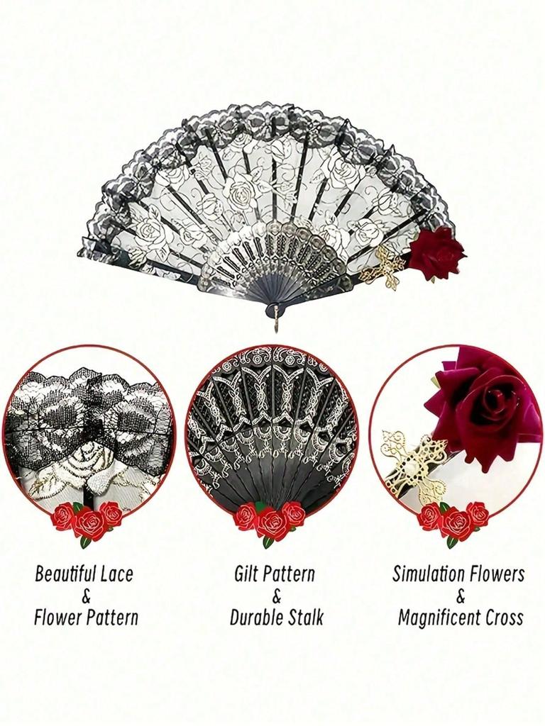 Vintage spanischer Faltfächer, Flamenco-Rosen-Spitzendekor, eleganter schwarzer Damen-Handfächer, geeignet für Damenpartys und Hochzeiten