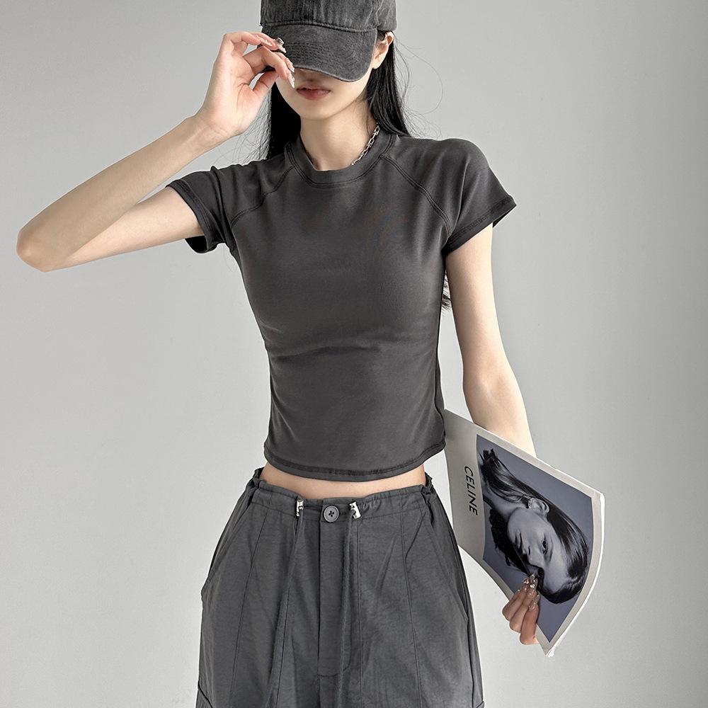 Dynamic Girl's New Summer Style Round Neck Rasp-sleeved Stretch Short-sleeved Solid Color Top