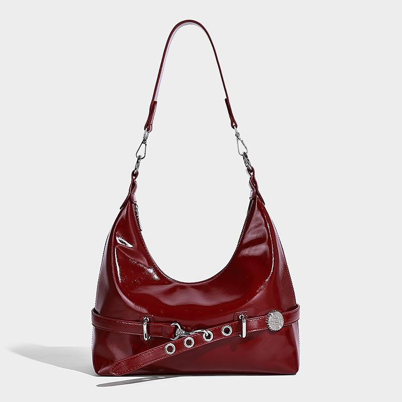 Cross-Border Solid Color Underarm Bag for Women 2025 New Trendy Fashion Commuter Shoulder Bag Simple Retro Portable Tote Bag Party Red PU