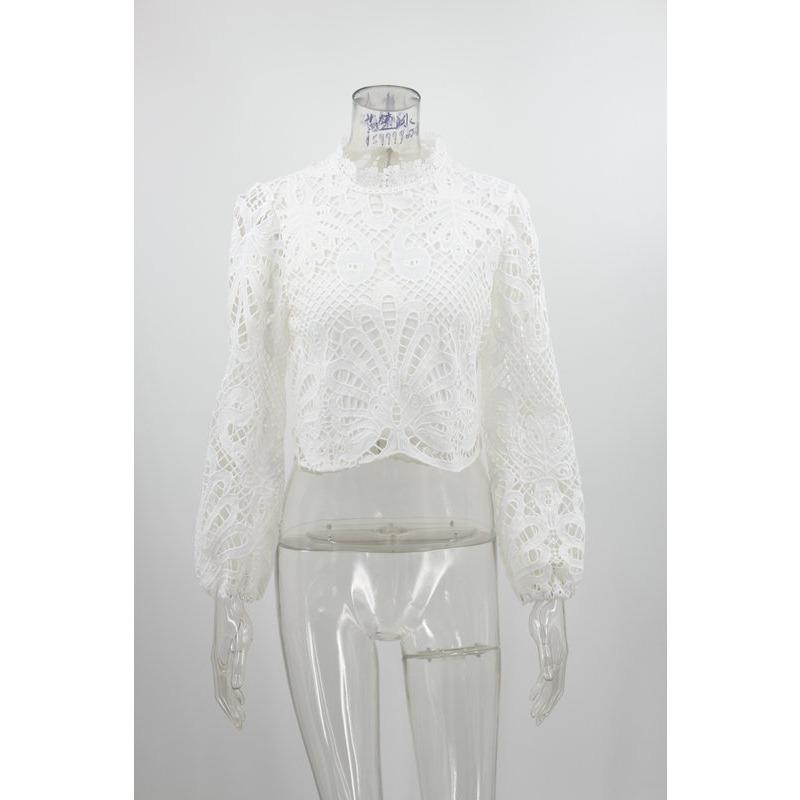 Women's New Sexy Hollow Out Long Sleeve Zipper Solid Colour Lace Shirt