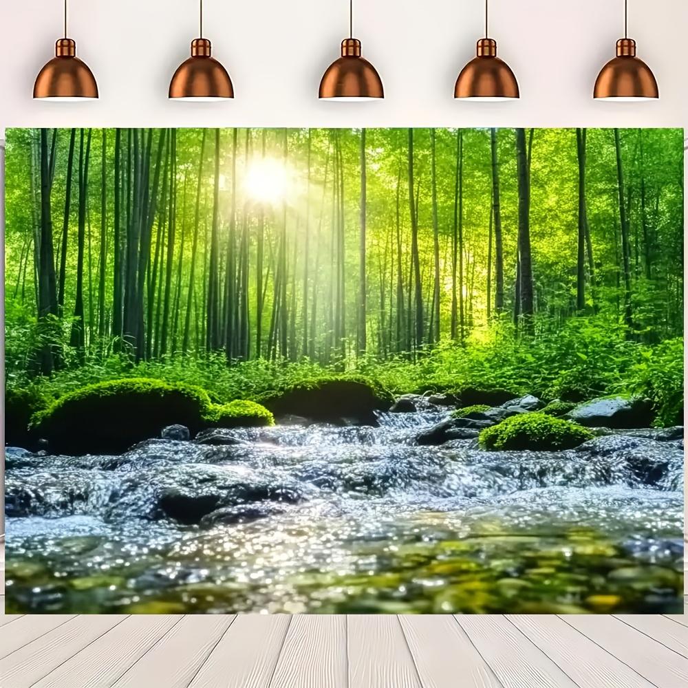 1 Piece Dense Forest Morning Sunrise Photography Background - Reusable Vibrant Green Trees and Stream Scenes