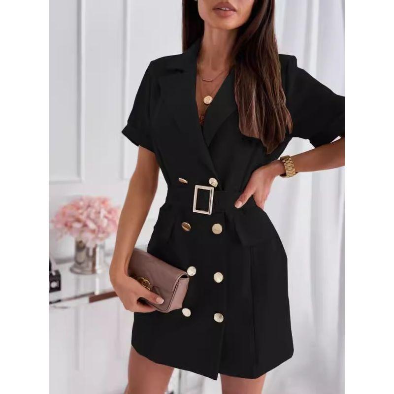 

Летний французский стиль ретро европейский американский стиль женская одежда мода чистое желание черное платье двубортный костюмный воротник платье с коротким рукавом Black XL