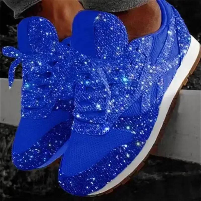 New Women Flat Sneakers Casual Bling Vulcanized Shoes Women Mesh Lace Up Platform Plus Size Fashion Outdoor Woman Shoes