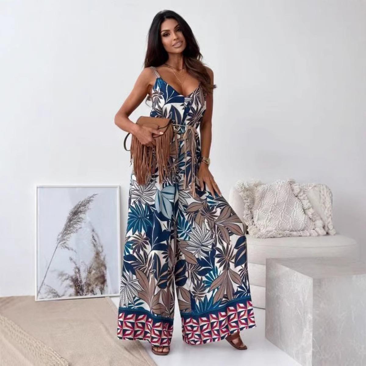 

Summer Women s Printed V Neck Sleeveless Wide Leg Jumpsuit With Belt, Casual Vacation Romper For Women European American Style S