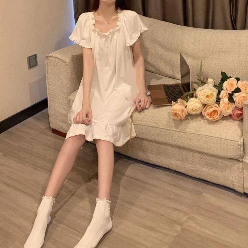 Loose Ruffle Nightdress Short Sleeve Princess Nightgown Sweet Women's Pajama Dress  Girls