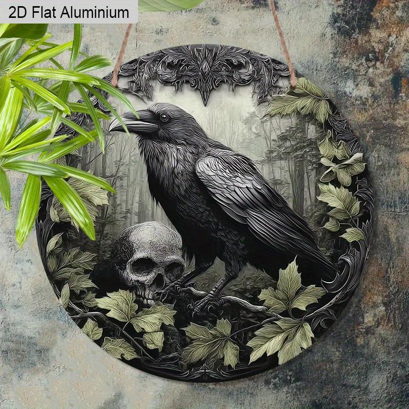 2D Flat Aluminium Retro Halloween Sign with Crow Pattern - Halloween Figurine Ornaments - Ideal for Front Door, Wall, Porch, Window Decor - Ideal