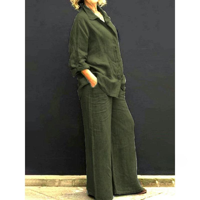 

Комплект из двух предметов с лацканами, осенний винтажный однотонный блузка-рубашка с длинным рукавом на пуговицах, женский повседневный свободный прямой брючный костюм XXXXXL темно-зеленого